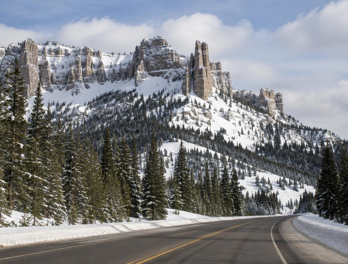 Snow covered pinnacles above the highway at Togwotee Pass in winter
